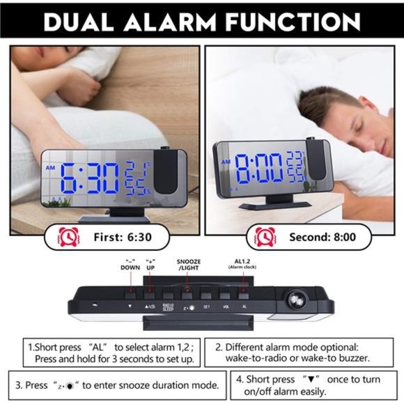 Projection Digital Alarm Clock for Bedrooms,FMRadio Alarm Clock,7.5'' DualAlarms - Picture 2 of 5